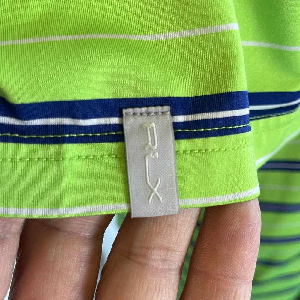 RLX Ralph Lauren Golf Polo Blue & Lime Green Stripes S/S Logo on Sleeve Men XL